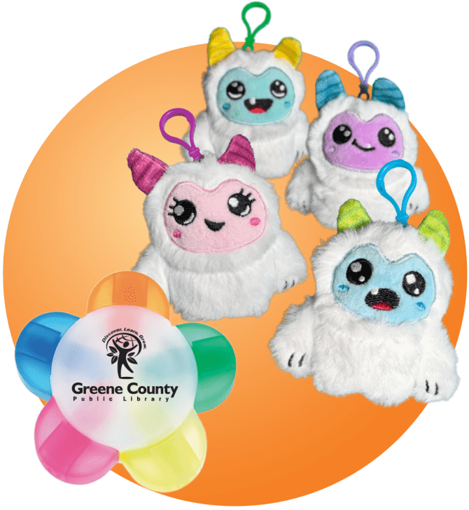 Winter Reading Challenge prizes: 5 prong highlighter and yeti plushies