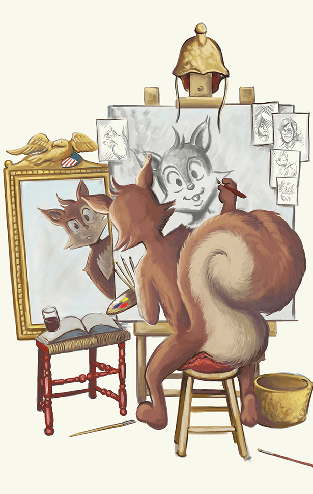 Benny the Squirrel in the art style of Norman Rockwell's Triple Self-Portrait