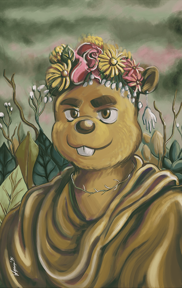 Rosie the Beaver in the style of Frida Kahlo's Self Portrait