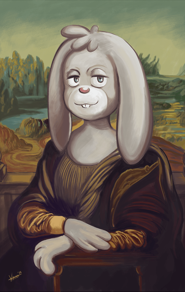 Phoebe the Rabbit in the art style of Mona Lisa