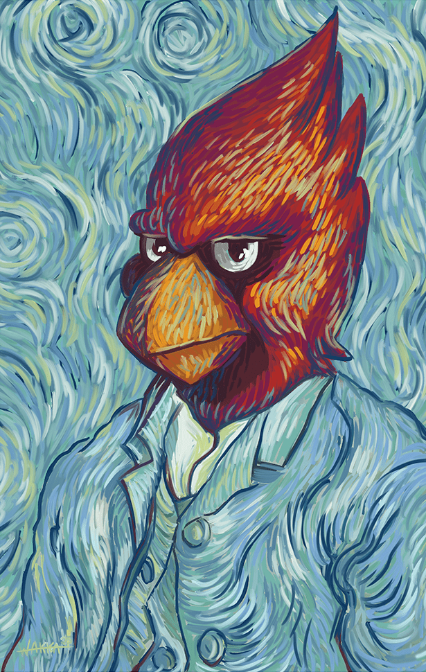 Race the Cardinal in the style of Self Portrait by Vincent Van Goh