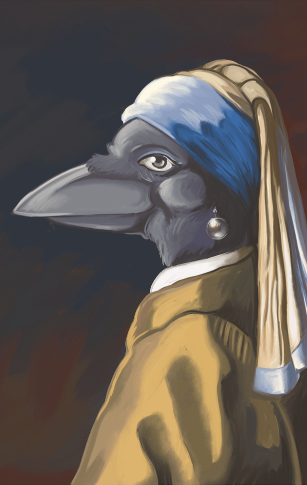 Ms. Alex the Crow in the art style of The Girl with the Pearl Earring