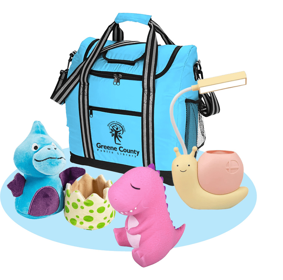 summer reading club prizes, blue cooler bag, Dino hatch plushy, pink Dino squish toy, snail lamp