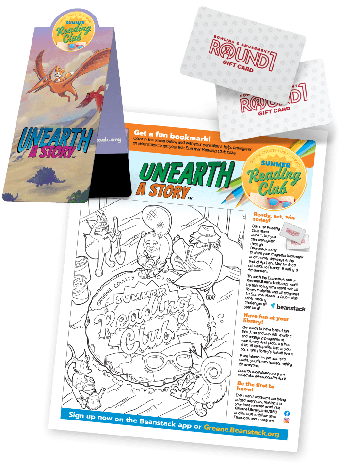 Summer Reading Preregistration prizes: magnetic book mark and Round1 gift card. Coloring Sheet