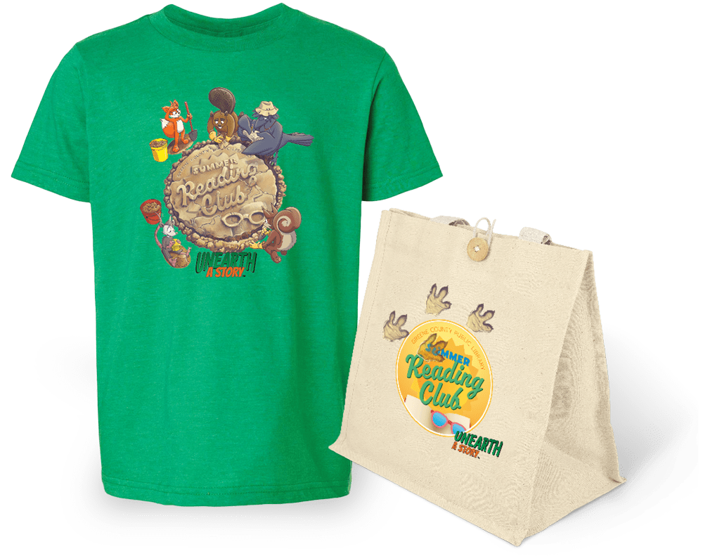 green summer reading patron shirt and tote bag giveaways