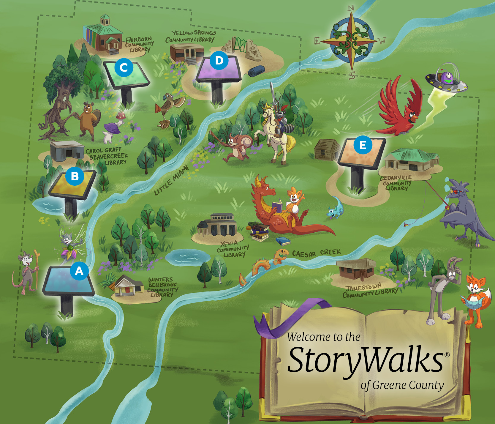 Illustrated map of Storywalk Locations around Greene County